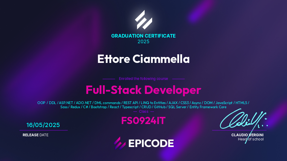 EPICODE certificate awarded to Ettore Ciammella