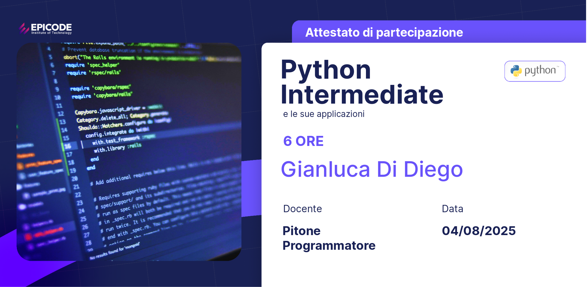 EPICODE certificate awarded to Gianluca Di Diego