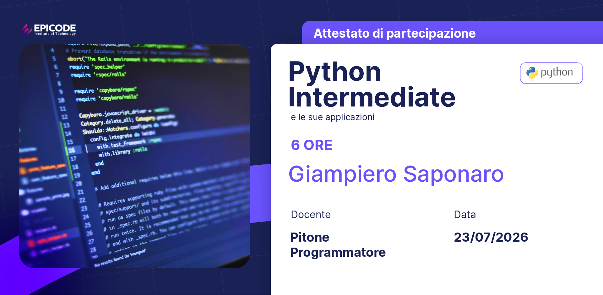 EPICODE certificate awarded to Giampiero Saponaro